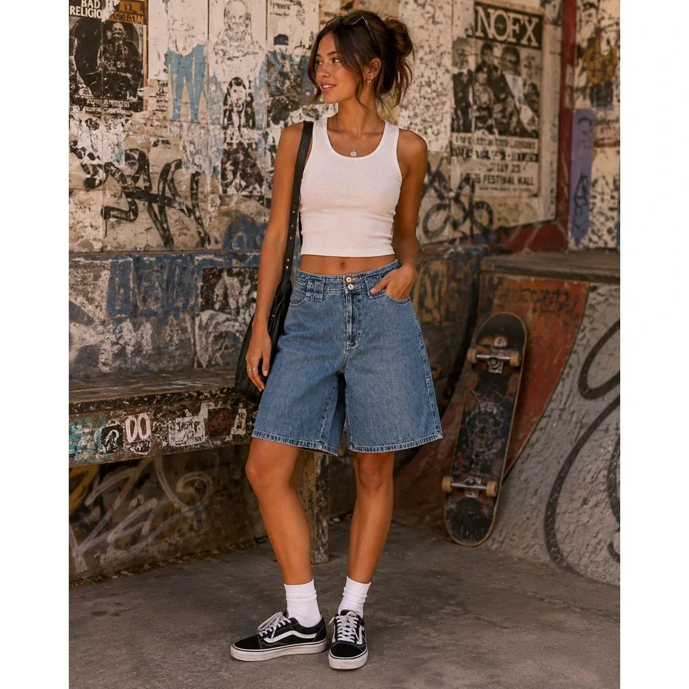 Vintage 90s White Stag Blue Denim Jorts Cargo Utility Shorts V-Notch Waistband